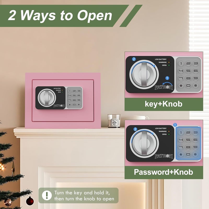 Patron small safe box with key，mini safe for money，small coin safes for home with code，0.236 Cubic Feet Pink - Image 5